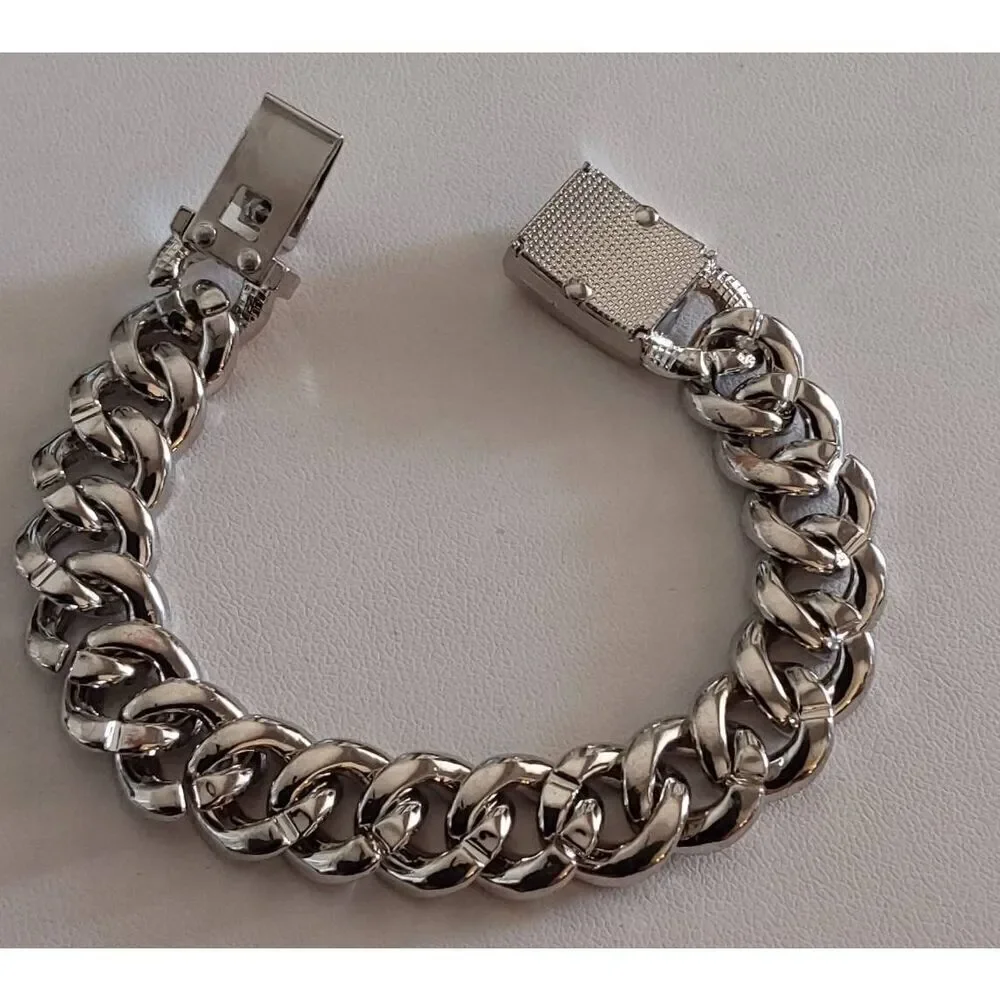 New~Trendy Goth Silver Bling Pink Pave Rhinestone Cuban Link Bracelet